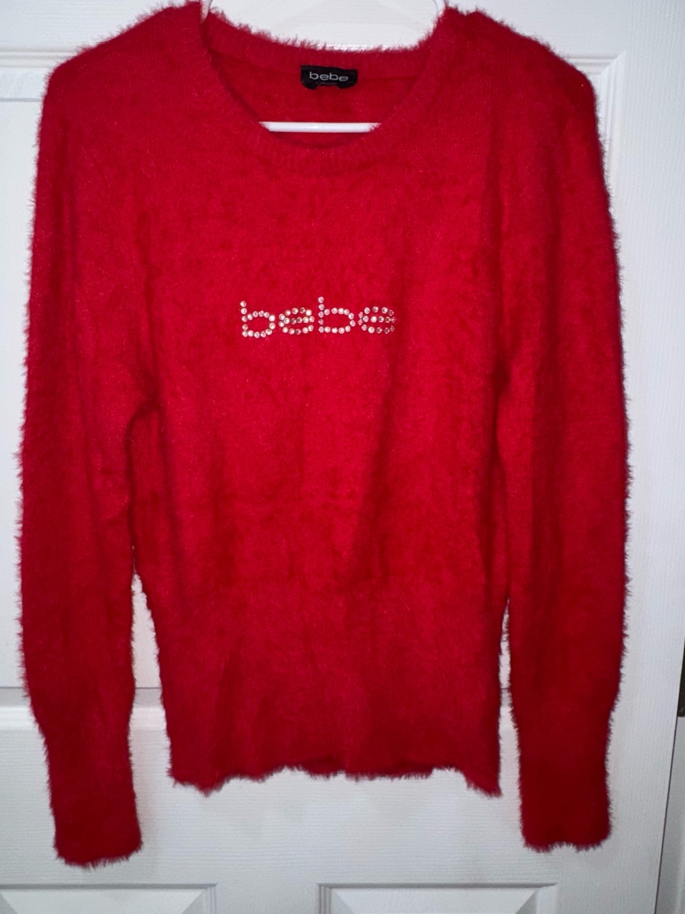 bebe Red Fuzzy Rhinestone Logo Crewneck Sweater